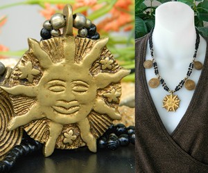 Vintage Brass Happy Sun Face Stars Beaded Black Necklace Spirals , an item from the 'Let the sun shine in' hand-picked list