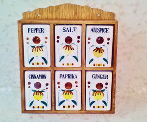 Vintage Porcelain Spice Set of 6 Large White Containers in Wood Cabinet NIB Frui, an item from the 'The Spice is Right' hand-picked list