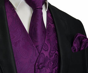 Deep Dark Purple Paisley Tuxedo Suit Dress Vest Waistcoat &amp; Neck tie Hanky 20-FF, an item from the 'It's a Formal Affair' hand-picked list