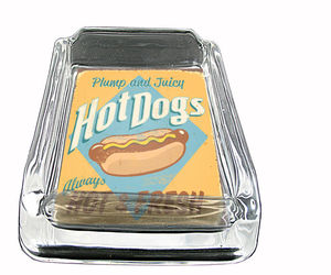 Vintage Hot Dog Sign Glass Ashtray D1 4&quot;x3&quot; Retro Old Fashioned Food BBQ, an item from the 'Vintage Ashtrays' hand-picked list