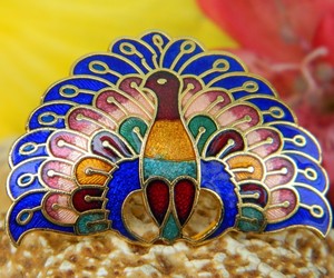 Peacock Bird Enamel Cloisonne Scarf Clip Ring Slide Colorful Figural, an item from the 'Pretty Peacocks' hand-picked list