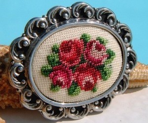 Vintage Needlepoint Embroidered Brooch Pin Petit Point Roses Flowers, an item from the 'Classic Cameos' hand-picked list