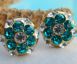 Vintage Rhinestone Button Earrings Flower Round Teal Turquoise Pierced, an item from the 'Shades of Turquoise' hand-picked list