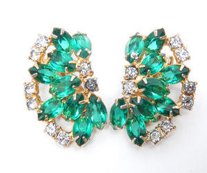 Designer JULIANA Huge Emerald Crystal and Rhinestone Vtg EARRINGS in Gold tone, an item from the 'May is for Emeralds' hand-picked list