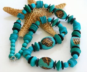 Vintage Handmade Wooden Necklace Chunky Turquoise Beads Long, an item from the 'Shades of Turquoise' hand-picked list