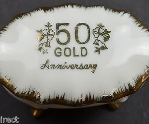 Vintage 50th Anniversary Footed Trinket Box Gold Embellishment Keepsake Decor, an item from the '50th Anniversary Collectibles' hand-picked list