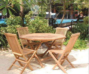 Teak Tiki Bistro Set Folding 5 pc Patio Deck with 47 inch Dining Table , an item from the 'Summer Outdoor Furniture' hand-picked list
