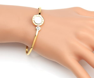 Bangle Bracelet With Faux Mother of Pearl &amp; Swarovski Style Crystal, an item from the 'Mother of Pearl Jewelry' hand-picked list