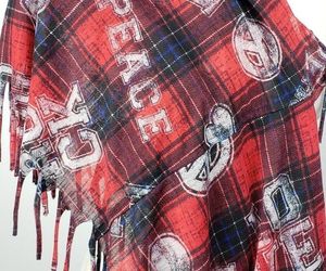 Peace Love Infinity Scarf Red Black Blue Plaid Fringe Lightweight, an item from the 'To Infinity (Scarf) and Beyond' hand-picked list