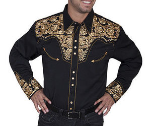 Men's Western Shirt Long Sleeve Rockabilly Country Cowboy Black Gold Floral, an item from the 'The Kit and Caboodle ' hand-picked list