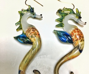 glass blown seahorse earrings jewelry with a green colored mane and blue fin, an item from the 'Unique Handmade &amp; Handcrafted Jewelry' hand-picked list