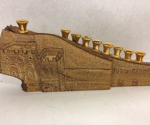Olive Wood Hannuka Menorah Brass Candle Holders Jerusalem Israel Carving, an item from the 'Menorah Collection' hand-picked list