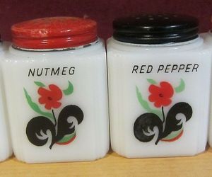 Vintage Milk Glass Spice Shakers / jars - red blossoms -red floral, an item from the 'The Spice is Right' hand-picked list