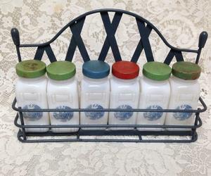 Vintage, 6-pc Blue Willow Milk Glass, Spice Jar Set with Metal Rack, an item from the 'The Spice is Right' hand-picked list