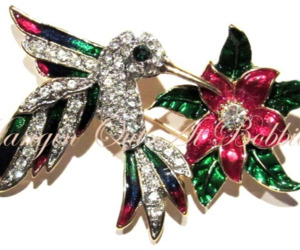 Hummingbird Bird Pin Brooch Flower Multicolor Crystal Enamel Gold Tone Spring, an item from the 'Welcome to My Zoo' hand-picked list