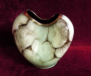  Vintage German Pottery Vase  Heart  Shape Green and Gold  71/2 TALL , an item from the 'From the Heart' hand-picked list