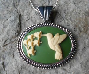 HUMMINGBIRD CAMEO NECKLACE - OLIVE GREEN - SPRING - LILY - QUALITY, an item from the 'Green is the Color of Spring and St Patty's Day' hand-picked list