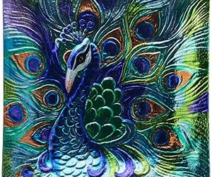 Proud Peacock Platter Art Glass 12.5 Inch Square Kitchen Dining Serving Plate, an item from the 'Birds of a Feather....' hand-picked list
