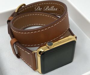 24K Gold 42MM Apple Watch Gen 1 With Double Tour Brown Leather Band, an item from the 'Apple Watch Bands' hand-picked list