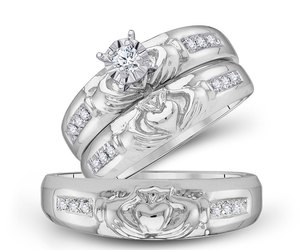 10kt White Gold His Her Round Diamond Claddagh Matching Bridal Wedding Ring Set, an item from the 'Chocolates, Diamonds &amp; Roses' hand-picked list