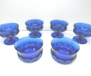 6 VTG Tiara Glass Kings Crown Thumbprint Cobalt Blue (4) Sherbet (2) Bowls MCM, an item from the 'Love vintage Tiara glass?' hand-picked list