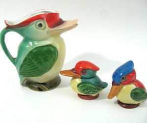 Vtg Tropical Bird Creamer Pitcher Germany Salt and Pepper Shaker Pottery Set , an item from the 'Fresh Tropical Vibes' hand-picked list