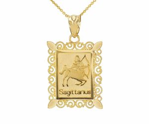 10k Solid Gold Sagittarius Zodiac Sign Filigree Rectangular Pendant Necklace, an item from the 'Sagittarius Birthday Gifts' hand-picked list