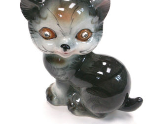 Vintage Cat Figurine Ceramic Gray Tiger Striped Rhinestone Jewel Eyes MCM Figure, an item from the 'Vintage Cat Collectibles' hand-picked list