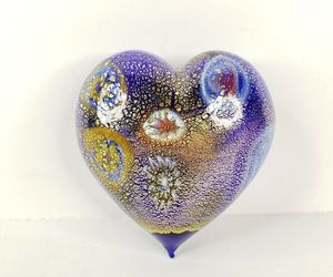 Murano Hand Blown Italian Art Glass Heart Millefiori and Gold Crackle Dip, an item from the 'From the Heart' hand-picked list