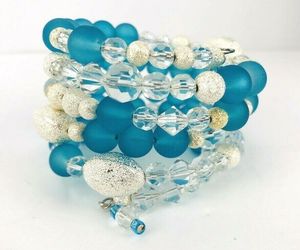 Blue Frosted Sea Glass Crystal Silver Tone Bead Stack Bracelet Wrap Handcrafted, an item from the 'Jewels from the Earth' hand-picked list